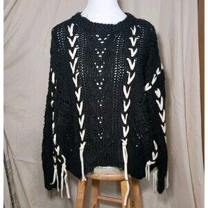 Elan Women's Knitted Black and Cream Sweater Size Medium M Pullover Laces Accent